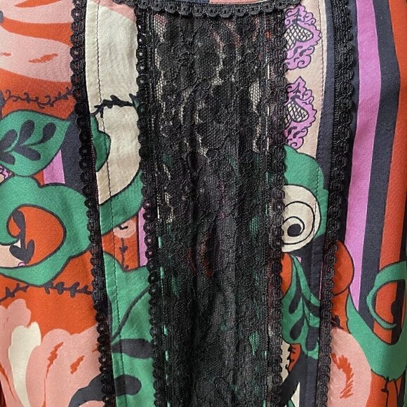 Silk Odille 3/4 Sleeve Floral Multicolor Tier Tunic Black Lace Trim Women’s 8 - Picture 5 of 14